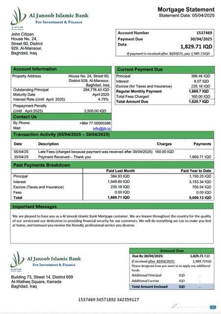 Download Iraq Al Janoob Islamic Bank mortgage statement Word and PDF template Photoshop template